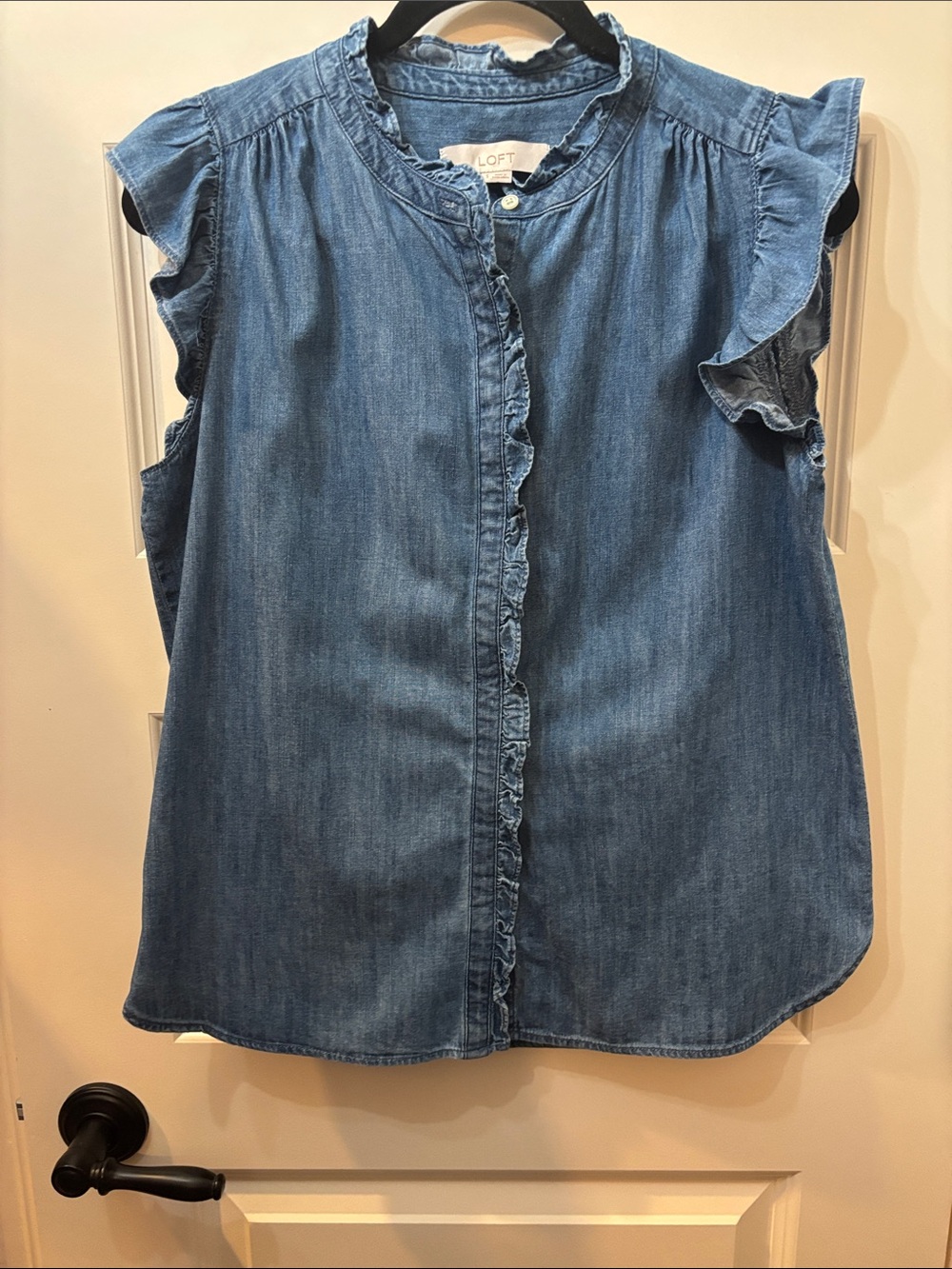 LOFT Blue Denim Ruffle-Sleeve Button Front Top
